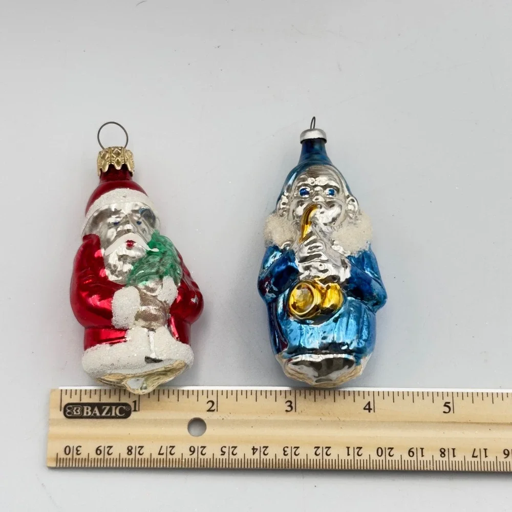 Vtg 2 Blown Glass Ornament Santa Blue Clown‎ Instrument Christmas West Germany